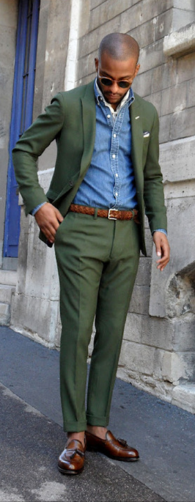 Green-Suit-Denim-Shirt-Brown-Loafers